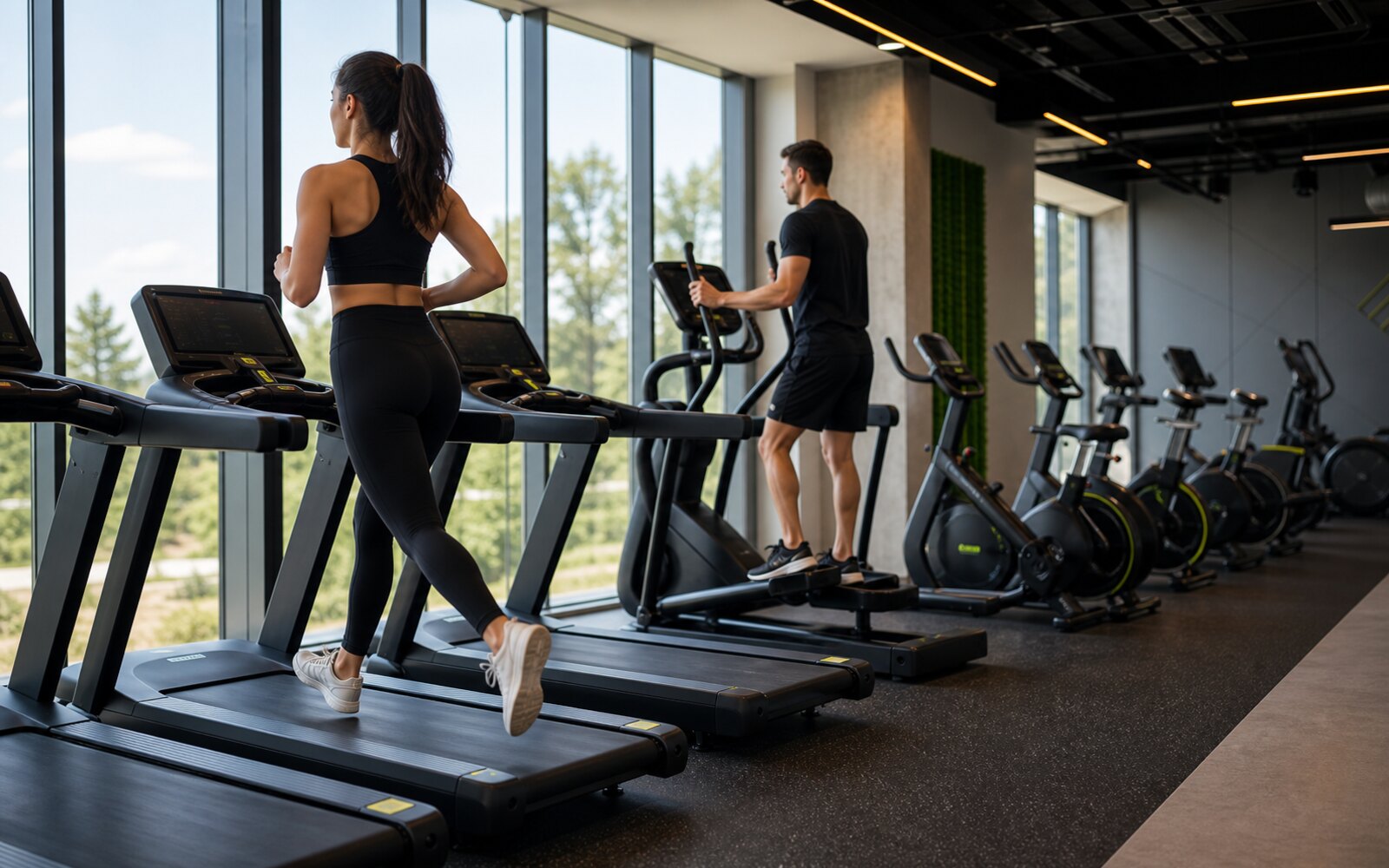 Cardio z bieżniami i rowerami ustawionymi w jasnej sali fitness.