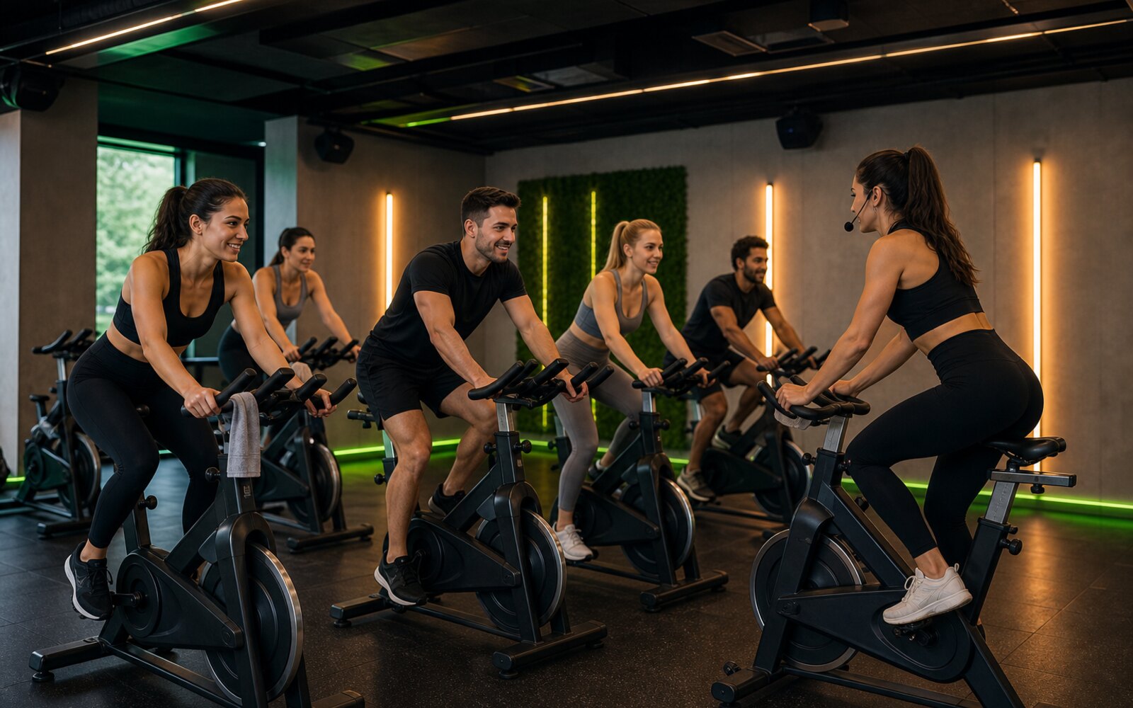 Zajęcia indoor cycling z rowerami treningowymi i dynamicznym oświetleniem.