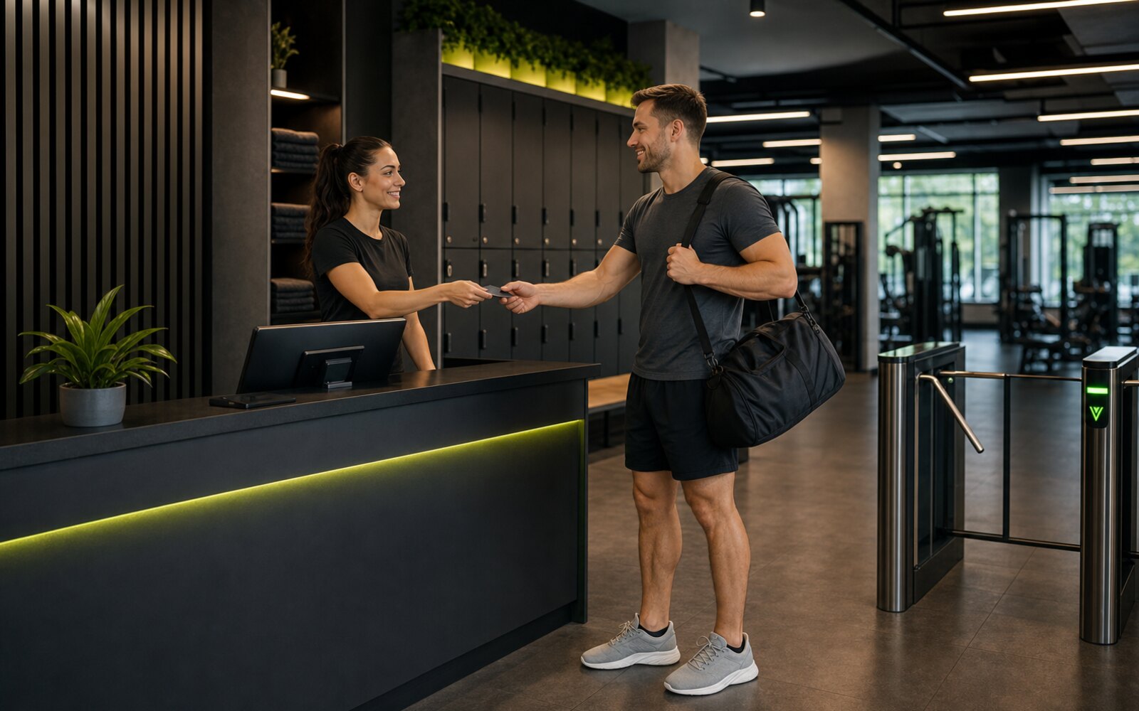 Osoba przy recepcji fitness przygotowuje się do jednorazowego wejścia.
