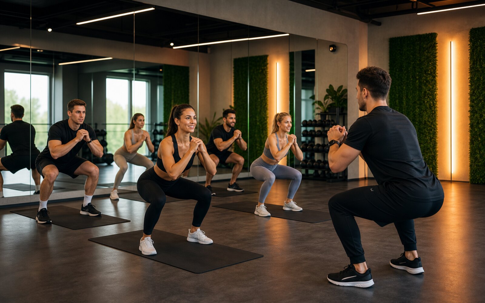 Grupowe zajęcia fitness na matach prowadzone w przestronnej sali.