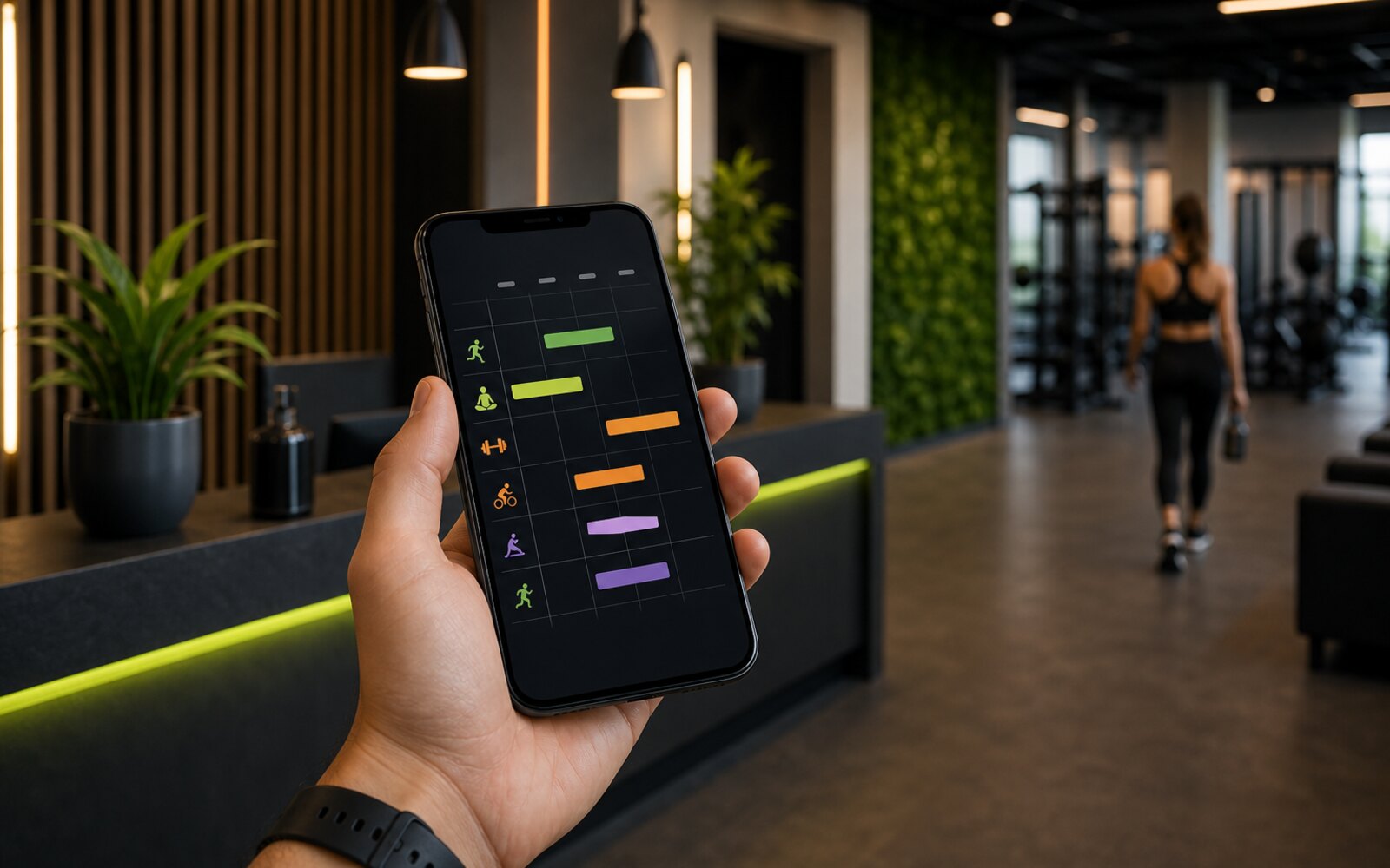 Telefon z czytelnym grafikiem zajęć fitness bez zewnętrznych logotypów.